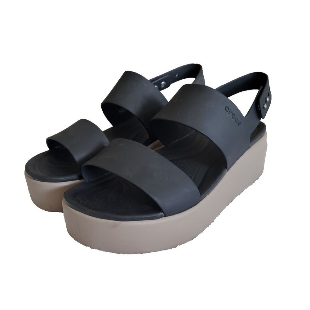 Crocs Brooklyn Low Wedge Sandals Women's Sz 8 Black Tan Platform Slingback Shoes